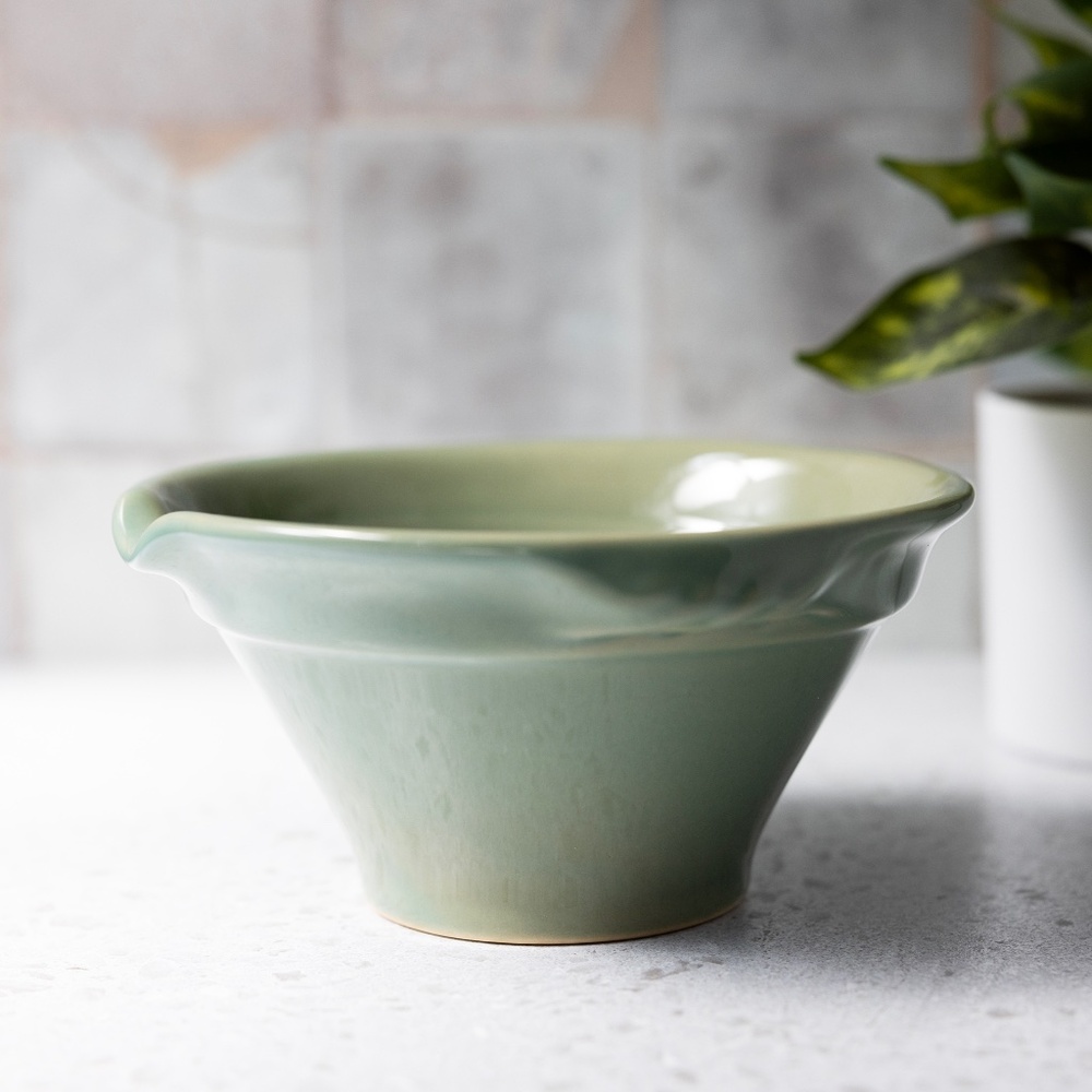 Vintage Yellow Ware Small 7" Green Stoneware Batter Mixing Bowl Over and Back